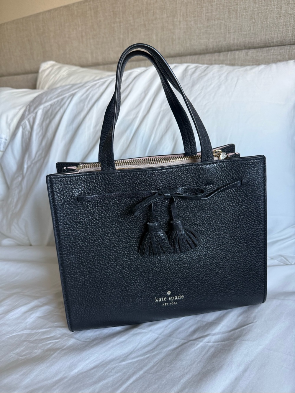 kate spade Black Pebbled Leather Satchel with Tassels